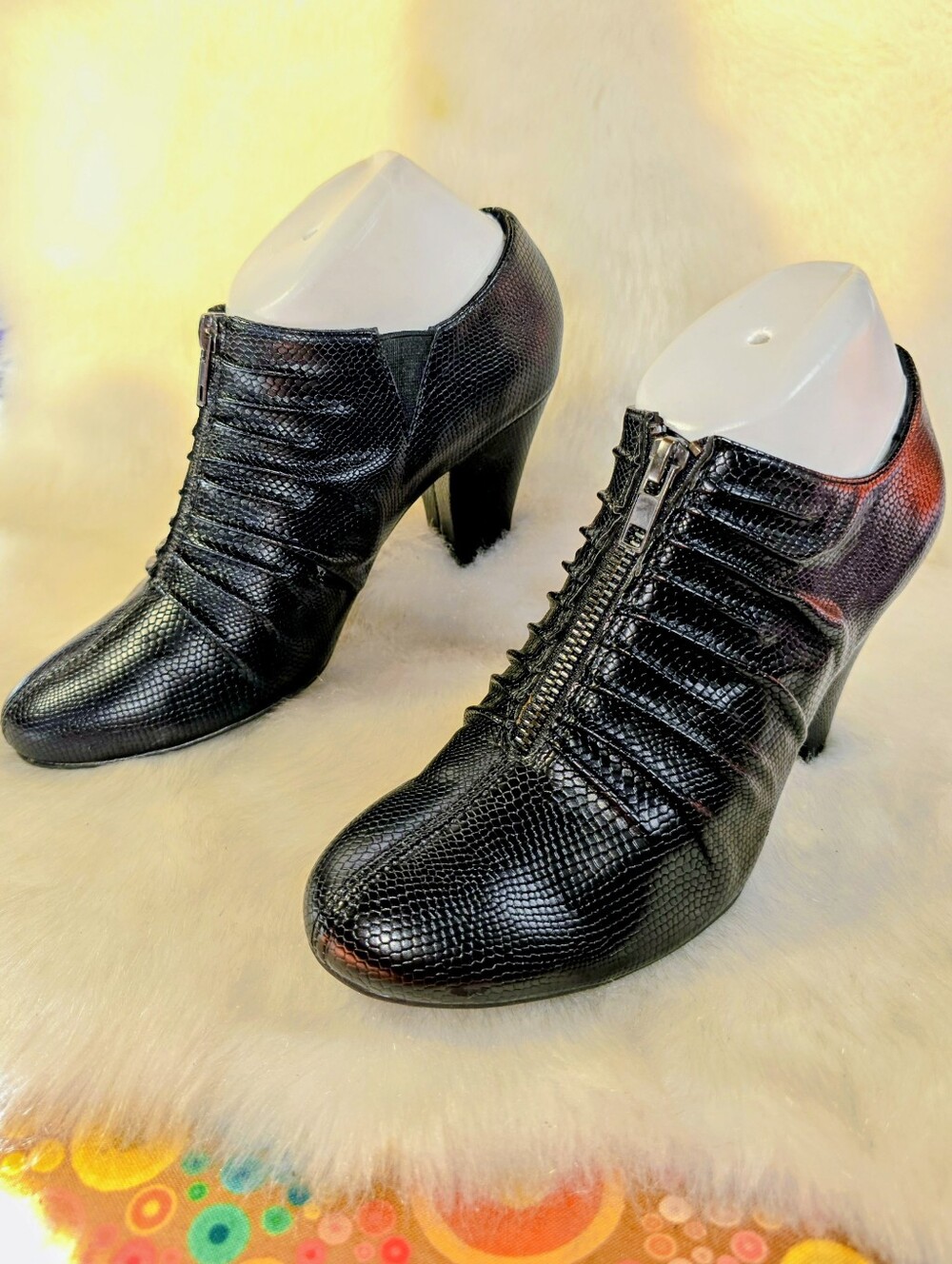 Jasmin "Amity" Black Vegan Snakeskin-Textured Heeled Zippered Ankle Boots-Womens